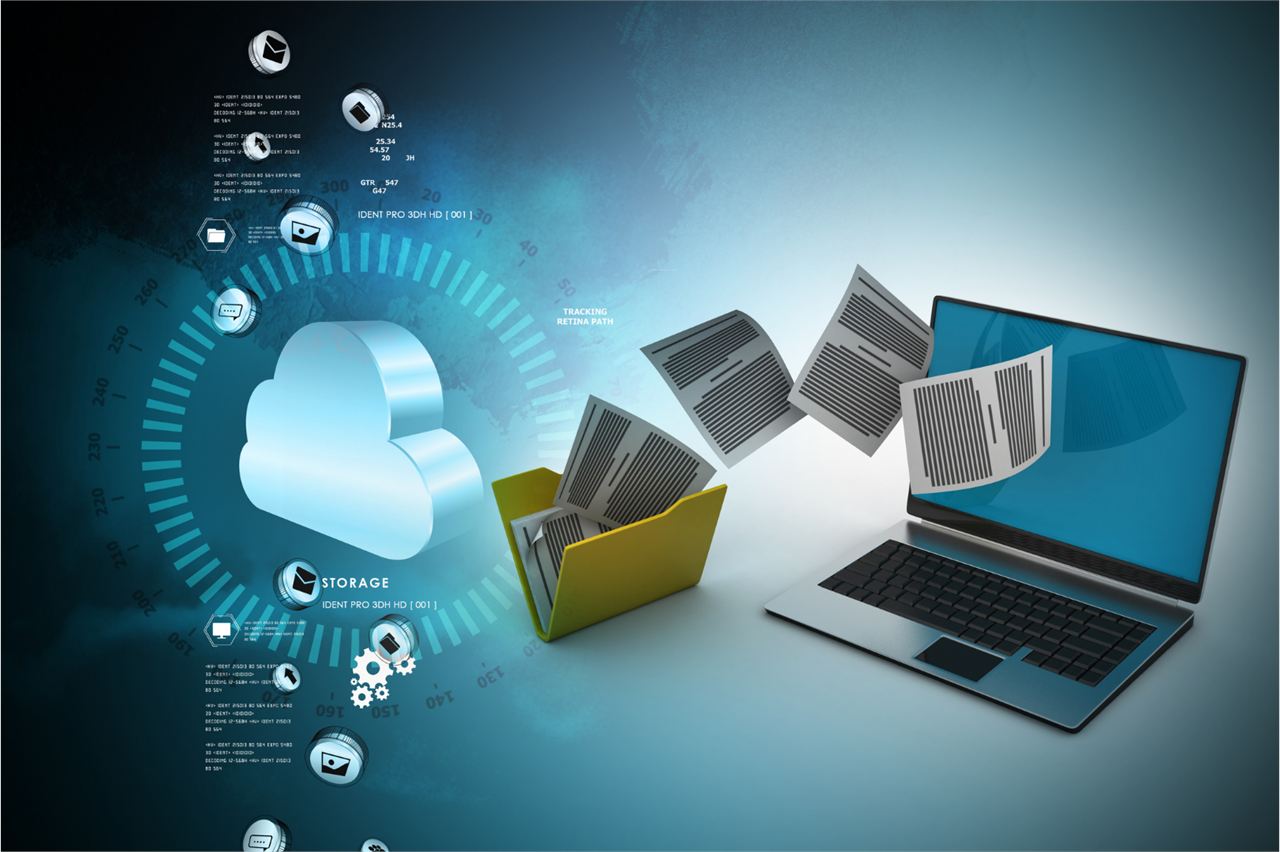 Illustration von Dateien, die zwischen Ordner, Cloud und Laptop synchronisiert werden